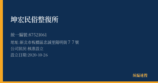 坤宏民俗整復所的照片-統編 87521061(新北市) 公司登記資料與營業項目詳細圖表