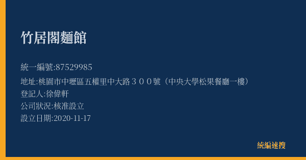 竹居閣麵館的照片-統編 87529985(桃園市) 公司登記資料與營業項目詳細圖表