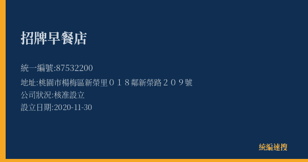 招牌早餐店的照片-統編 87532200(桃園市) 公司登記資料與營業項目詳細圖表