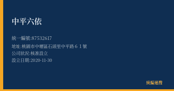 中平六依的照片-統編 87532617(桃園市) 公司登記資料與營業項目詳細圖表