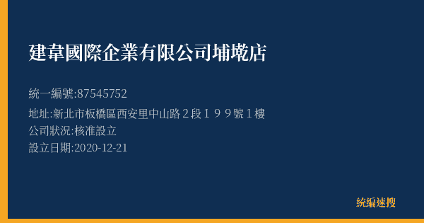建韋國際企業有限公司埔墘店的照片-統編 87545752(新北市) 公司登記資料與營業項目詳細圖表