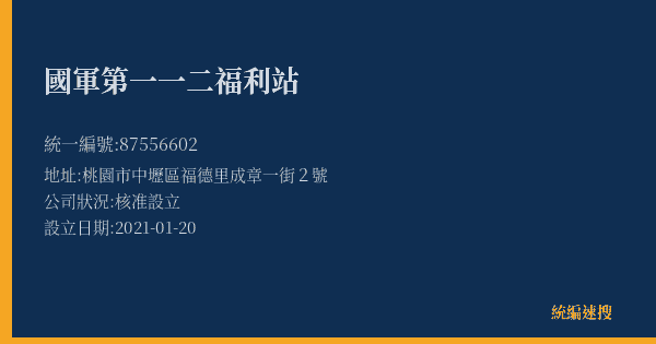 國軍第一一二福利站的照片-統編 87556602(桃園市) 公司登記資料與營業項目詳細圖表