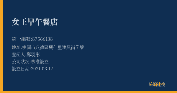 女王早午餐店的照片-統編 87566138(桃園市) 公司登記資料與營業項目詳細圖表