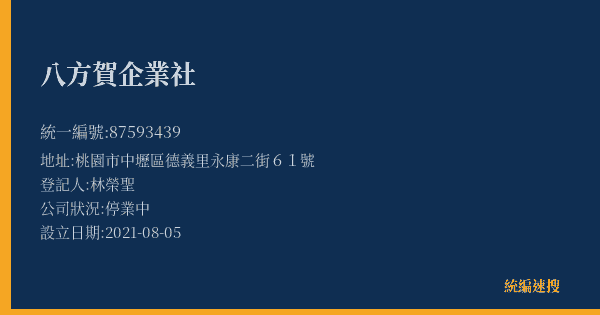 八方賀企業社的照片-統編 87593439(桃園市) 公司登記資料與營業項目詳細圖表