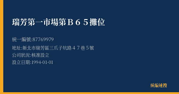 瑞芳第一市場第B65攤位的照片-統編 87769979(新北市) 公司登記資料與營業項目詳細圖表