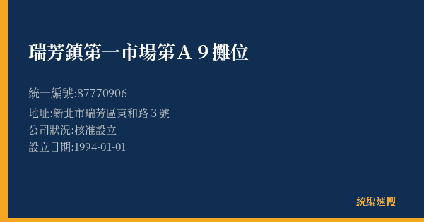 瑞芳鎮第一市場第A9攤位的照片-統編 87770906(新北市) 公司登記資料與營業項目詳細圖表