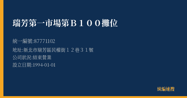 瑞芳第一市場第B100攤位的照片-統編 87771102(新北市) 公司登記資料與營業項目詳細圖表