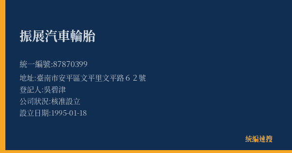 振展汽車輪胎的照片-統編 87870399(臺南市) 公司登記資料與營業項目詳細圖表