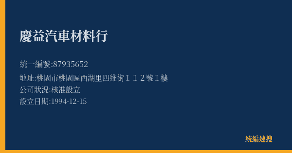 慶益汽車材料行的照片-統編 87935652(桃園市) 公司登記資料與營業項目詳細圖表