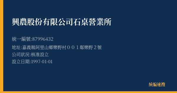 興農股份有限公司石桌營業所的照片-統編 87996432(嘉義縣) 公司登記資料與營業項目詳細圖表