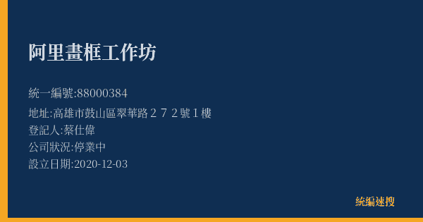 阿里畫框工作坊的照片-統編 88000384(高雄市) 公司登記資料與營業項目詳細圖表