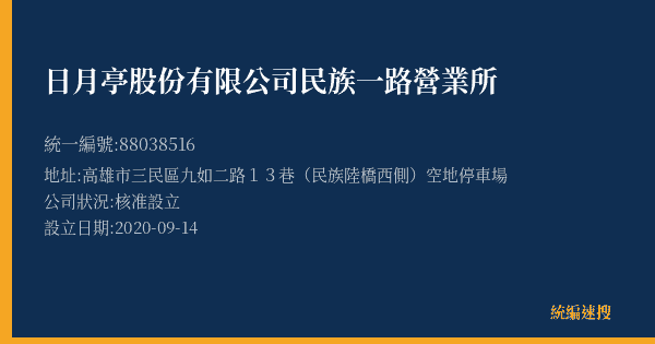 日月亭股份有限公司民族一路營業所的照片-統編 88038516(高雄市) 公司登記資料與營業項目詳細圖表