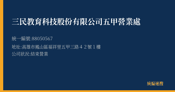 三民教育科技股份有限公司五甲營業處的照片-統編 88050567(高雄市) 公司登記資料與營業項目詳細圖表