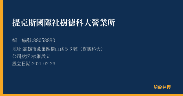 提克斯國際社樹德科大營業所的照片-統編 88058890(高雄市) 公司登記資料與營業項目詳細圖表