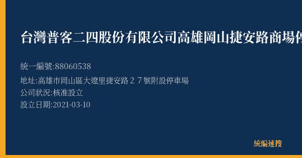 台灣普客二四股份有限公司高雄岡山捷安路商場停車場的照片-統編 88060538(高雄市) 公司登記資料與營業項目詳細圖表