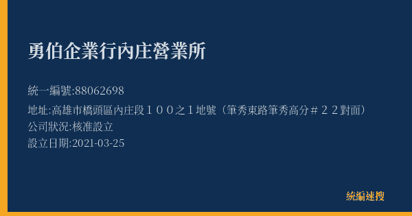 勇伯企業行內庄營業所的照片-統編 88062698(高雄市) 公司登記資料與營業項目詳細圖表