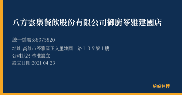 八方雲集餐飲股份有限公司御廚苓雅建國店的照片-統編 88075820(高雄市) 公司登記資料與營業項目詳細圖表