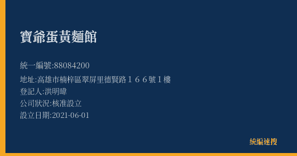 寶爺蛋黃麵館的照片-統編 88084200(高雄市) 公司登記資料與營業項目詳細圖表