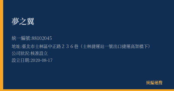 夢之翼的照片-統編 88102045(臺北市) 公司登記資料與營業項目詳細圖表