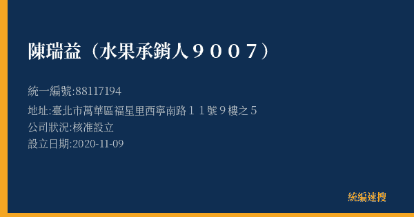 陳瑞益(水果承銷人9007)的照片-統編 88117194(臺北市) 公司登記資料與營業項目詳細圖表