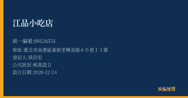 江品小吃店的照片-統編 88126551(臺北市) 公司登記資料與營業項目詳細圖表