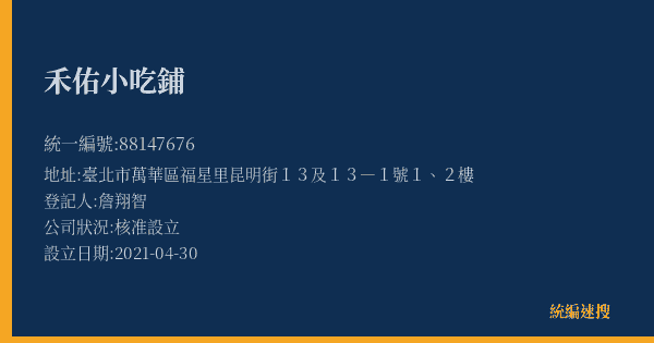 禾佑小吃鋪的照片-統編 88147676(臺北市) 公司登記資料與營業項目詳細圖表
