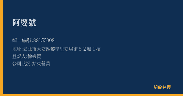 阿婆號的照片-統編 88155008(臺北市) 公司登記資料與營業項目詳細圖表