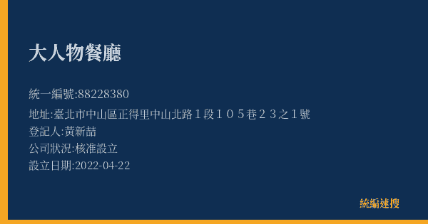 大人物餐廳的照片-統編 88228380(臺北市) 公司登記資料與營業項目詳細圖表