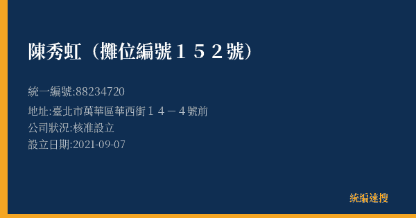陳秀虹(攤位編號152號)的照片-統編 88234720(臺北市) 公司登記資料與營業項目詳細圖表