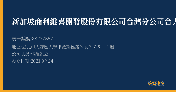新加坡商利維喜開發股份有限公司台灣分公司台大營業所的照片-統編 88237557(臺北市) 公司登記資料與營業項目詳細圖表
