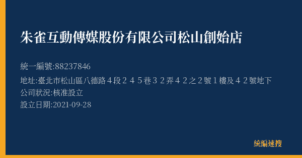 朱雀互動傳媒股份有限公司松山創始店的照片-統編 88237846(臺北市) 公司登記資料與營業項目詳細圖表