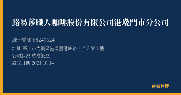 路易莎職人咖啡股份有限公司港墘門市分公司的照片-統編 88240624(臺北市) 公司登記資料與營業項目詳細圖表