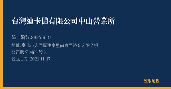 台灣迪卡儂有限公司中山營業所的照片-統編 88255631(臺北市) 公司登記資料與營業項目詳細圖表