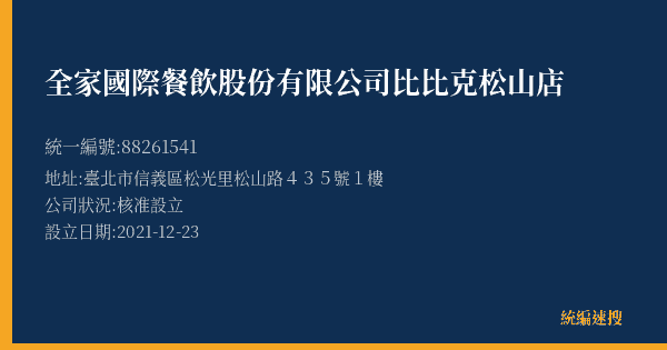全家國際餐飲股份有限公司比比克松山店的照片-統編 88261541(臺北市) 公司登記資料與營業項目詳細圖表