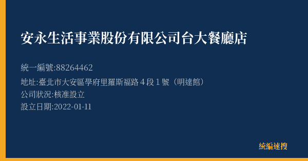 安永生活事業股份有限公司台大餐廳店的照片-統編 88264462(臺北市) 公司登記資料與營業項目詳細圖表