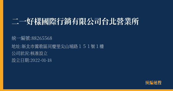 二一好樣國際行銷有限公司台北營業所的照片-統編 88265568(新北市) 公司登記資料與營業項目詳細圖表