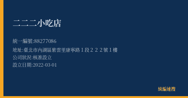 二二二小吃店的照片-統編 88277086(臺北市) 公司登記資料與營業項目詳細圖表