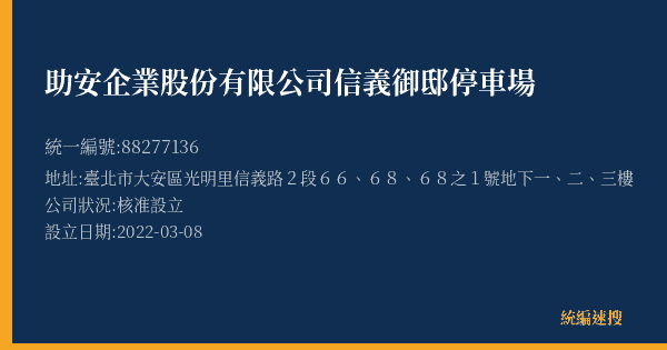 助安企業股份有限公司信義御邸停車場的照片-統編 88277136(臺北市) 公司登記資料與營業項目詳細圖表