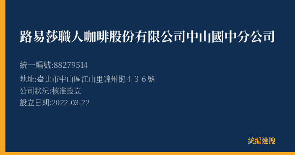 路易莎職人咖啡股份有限公司中山國中分公司的照片-統編 88279514(臺北市) 公司登記資料與營業項目詳細圖表