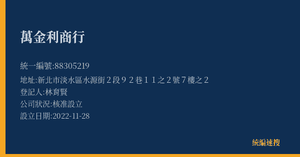 萬金利商行的照片-統編 88305219(新北市) 公司登記資料與營業項目詳細圖表
