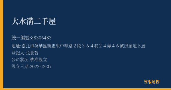 大水溝二手屋的照片-統編 88306483(臺北市) 公司登記資料與營業項目詳細圖表
