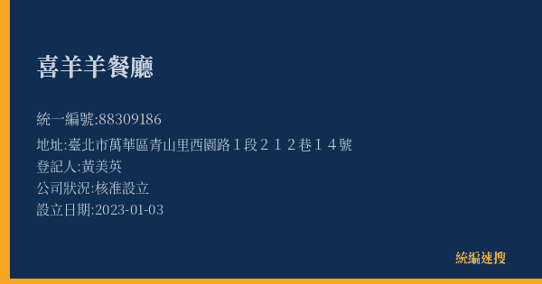 喜羊羊餐廳的照片-統編 88309186(臺北市) 公司登記資料與營業項目詳細圖表