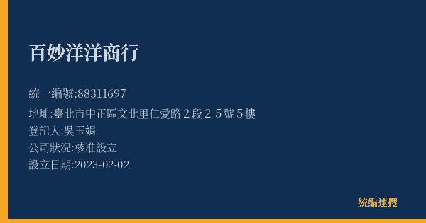 百妙洋洋商行的照片-統編 88311697(臺北市) 公司登記資料與營業項目詳細圖表