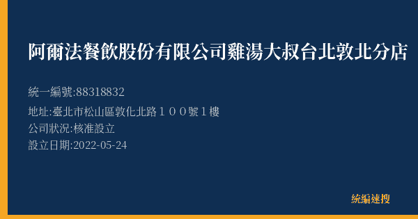 阿爾法餐飲股份有限公司雞湯大叔台北敦北分店的照片-統編 88318832(臺北市) 公司登記資料與營業項目詳細圖表