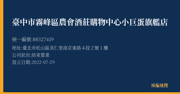 臺中市霧峰區農會酒莊購物中心小巨蛋旗艦店的照片-統編 88327419(臺北市) 公司登記資料與營業項目詳細圖表
