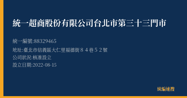 統一超商股份有限公司台北市第三十三門市的照片-統編 88329465(臺北市) 公司登記資料與營業項目詳細圖表