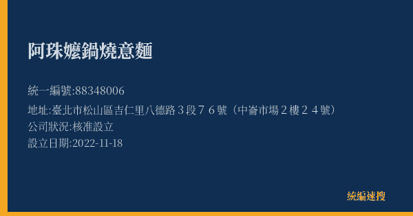 阿珠嬤鍋燒意麵的照片-統編 88348006(臺北市) 公司登記資料與營業項目詳細圖表