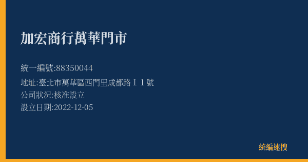 加宏商行萬華門市的照片-統編 88350044(臺北市) 公司登記資料與營業項目詳細圖表