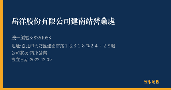 岳洋股份有限公司建南站營業處的照片-統編 88351058(臺北市) 公司登記資料與營業項目詳細圖表
