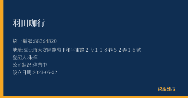 羽田咖行的照片-統編 88364820(臺北市) 公司登記資料與營業項目詳細圖表